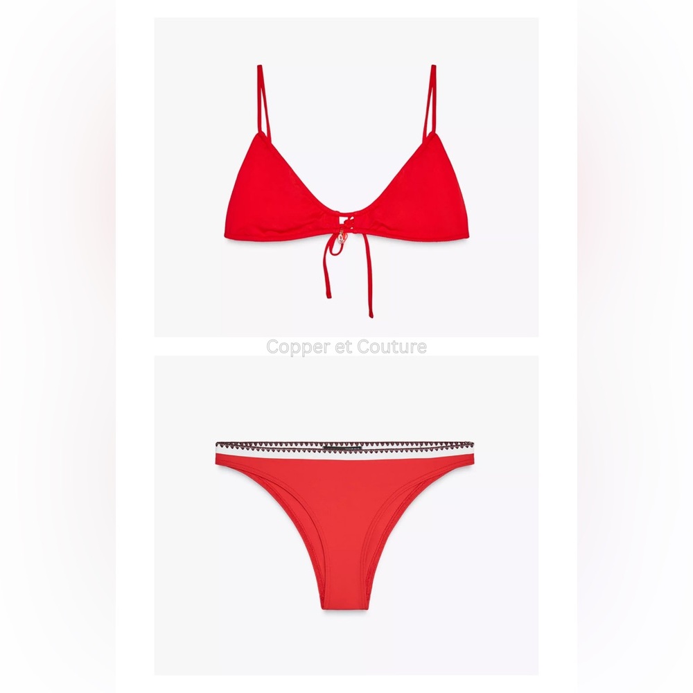 ZARA Red S Charm Bikini top with stripe trim bikini bottom bathing suit NWT